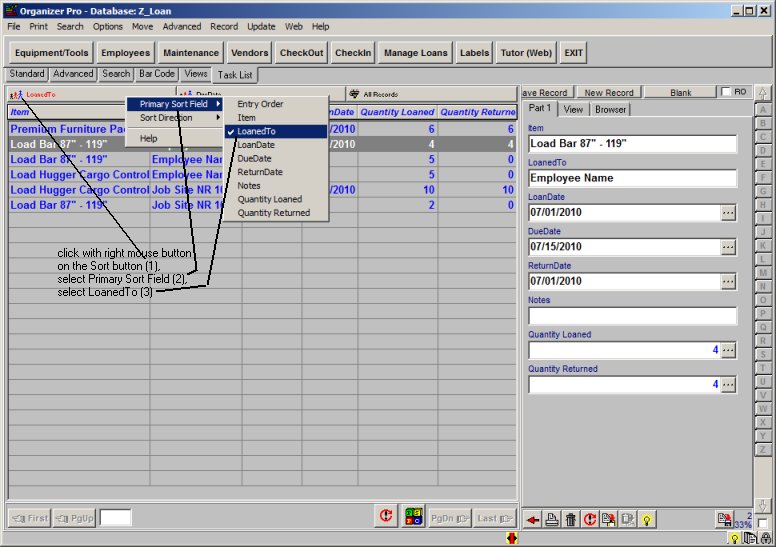 Sort database by Loaned To data field