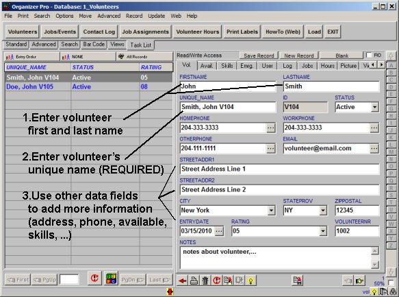 volunteer management, enter volunteers