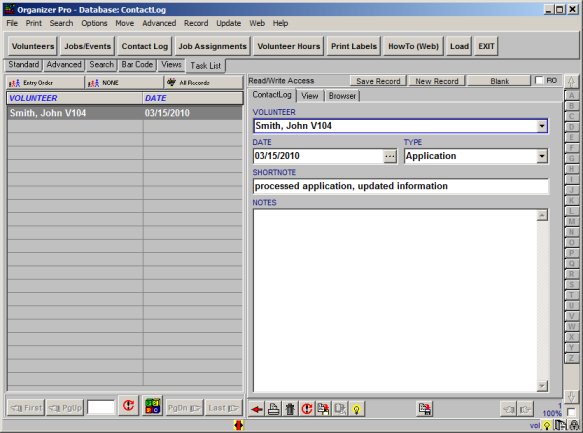 volunteer management, enter contact log