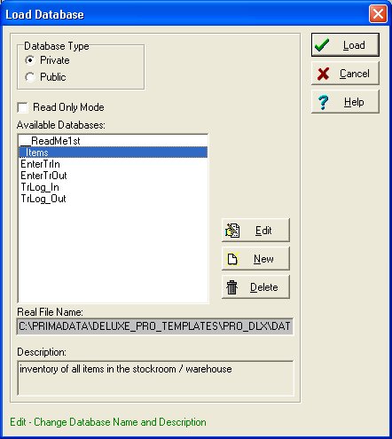 small warehouse system / load database window / databases