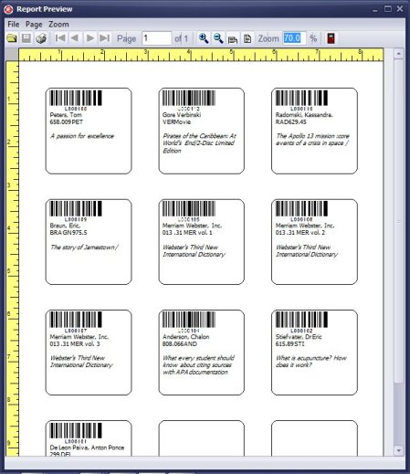 small durable library label, includes barcode title author call