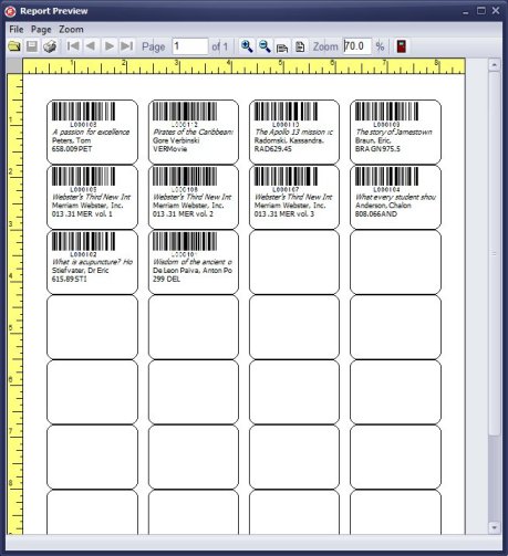 small durable library label, includes barcode title author call