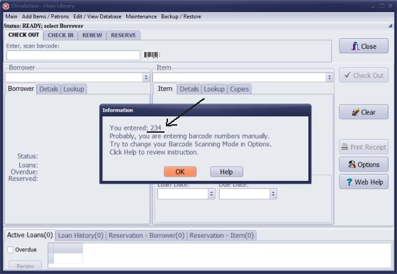 circulations, entering barcode numbers, entry modes