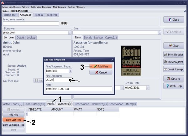 add fine, item lost fine