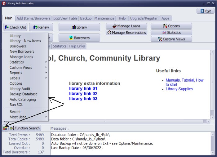 library administrator: quick access menu