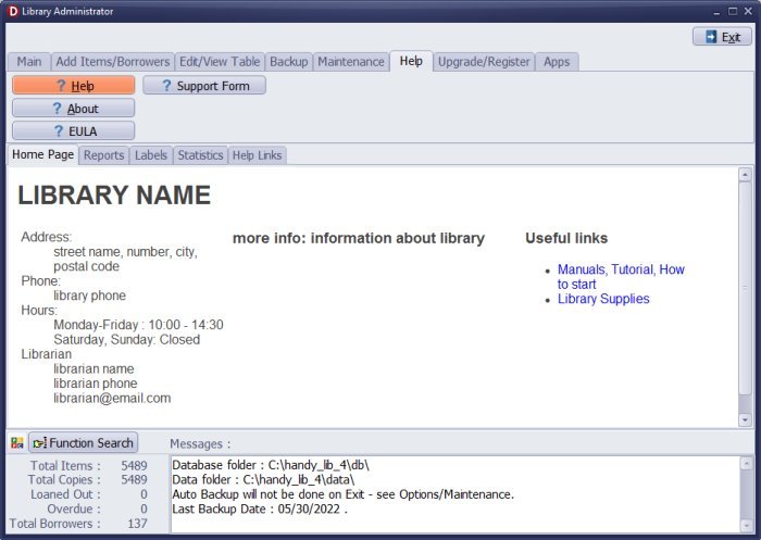 library administrator: help, about, support form