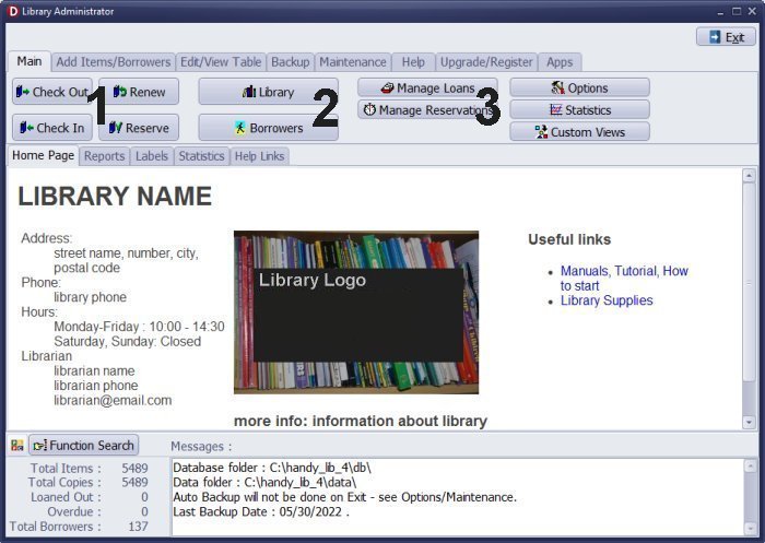 library administrator: main library functions