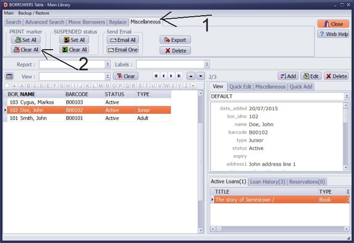 library borrowers print marker clear command