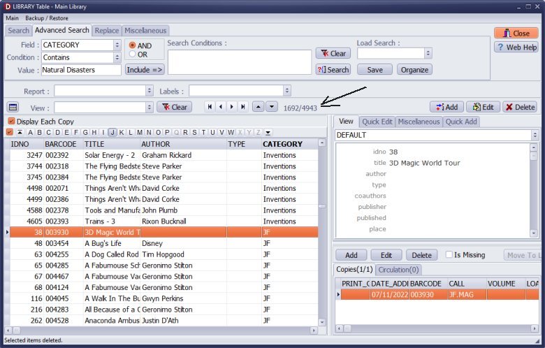 Review the final total number of items in the library catalog window