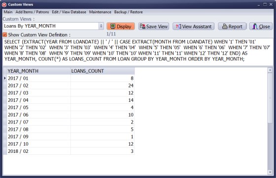 library circulation transactions by month plus year, sql query