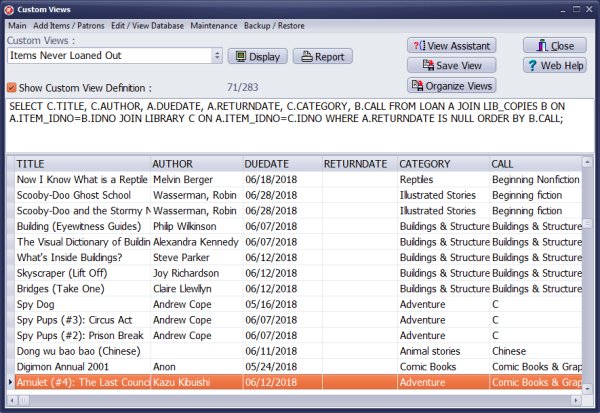 library query, over due items report with call, category data included