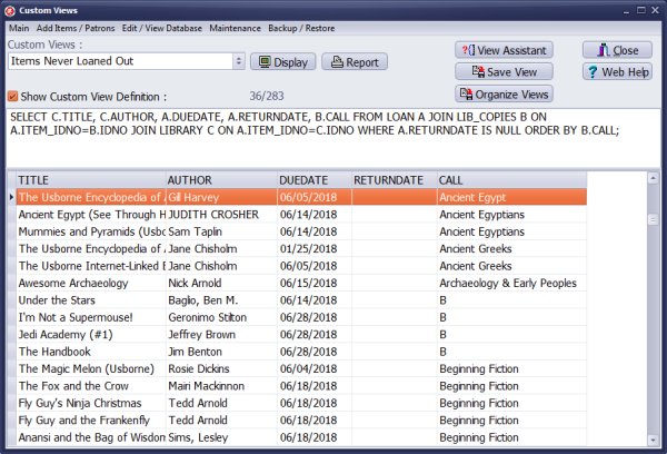 library query, over due items report with call data included