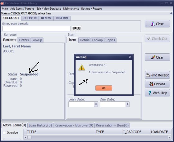 warning message for suspended patron