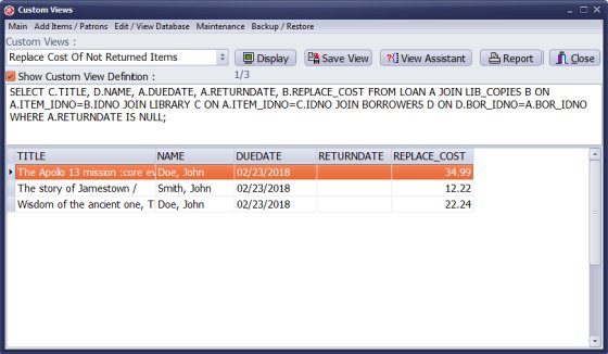 library replace cost of not returned items, sql query