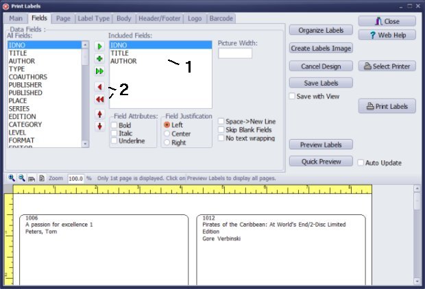 library software, print spine labels window