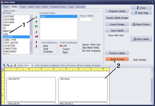 design spine labels, select CALL data field