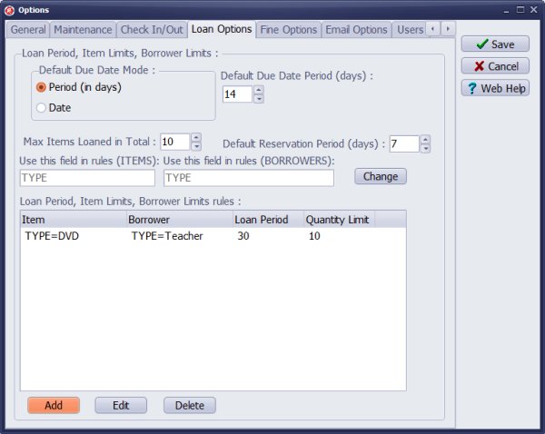 library loan rules, due date, quantity limits, override default rules