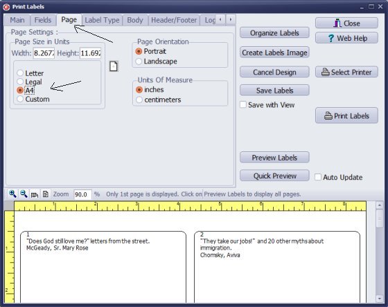 print labels, select A4 page size