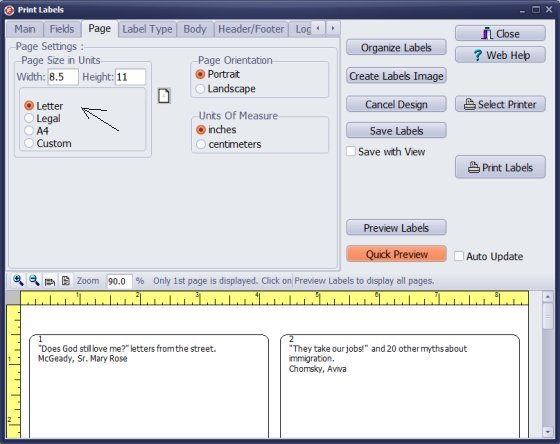 print labels, north america page size is set