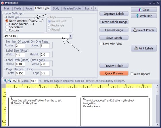 print labels, letter page size labels are  predefined
