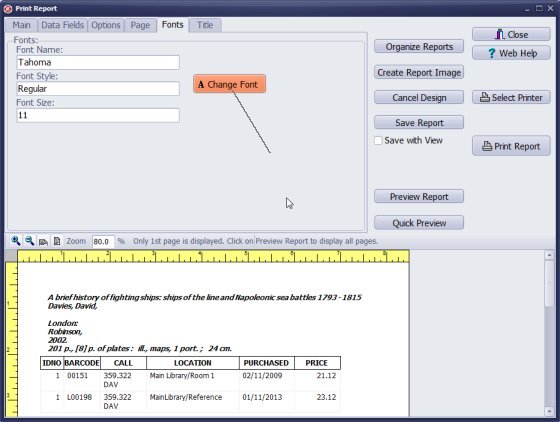 how to create library detailed list report, define font