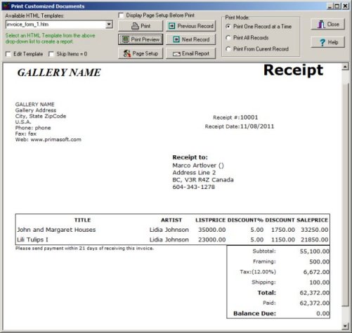 art dealer gallery, receipt