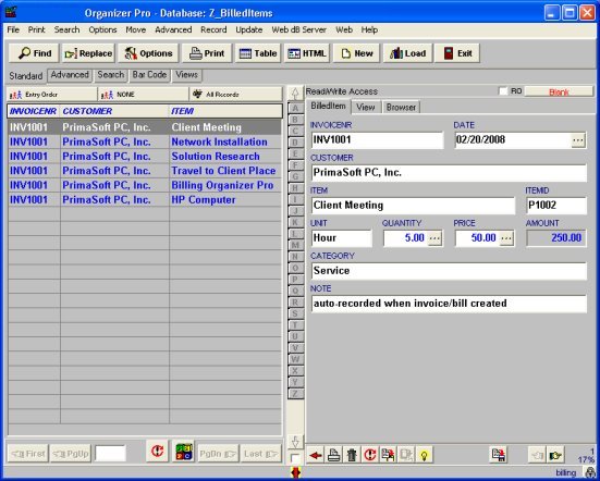 billing software: billed items