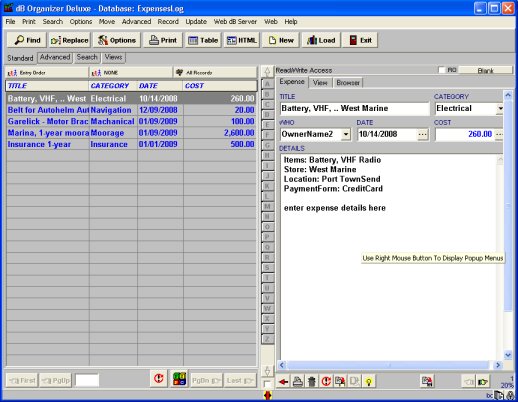 boat organizer, expenses database