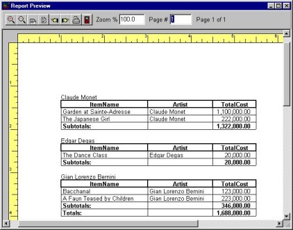 Catalog  software report preview table