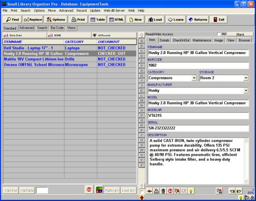 Equipment tool database, enter new item