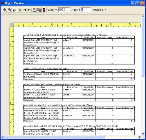 equipment tool database, usage report by item