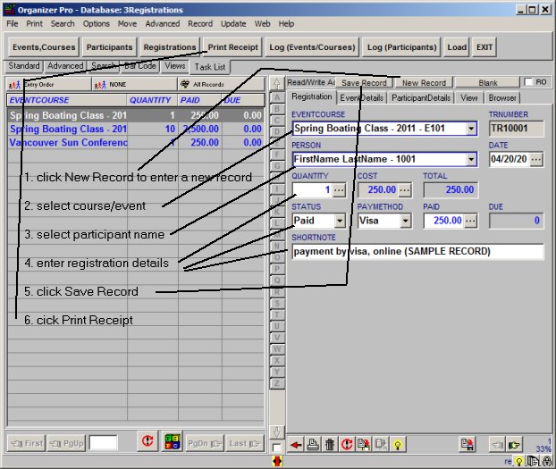 enter registration, print receipt