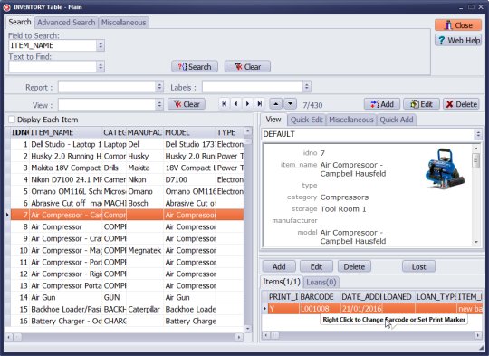 equipment tool main inventory catalog