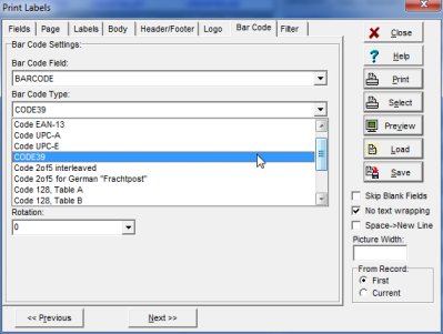 library label printer select barcode type