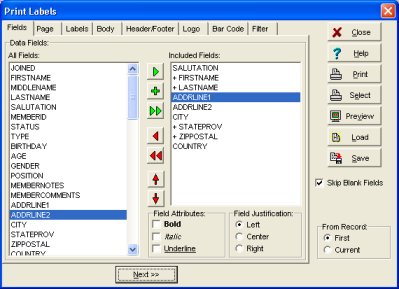 select fields, define label