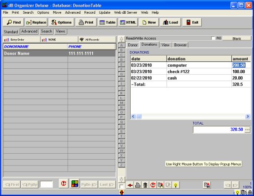 donation database, table