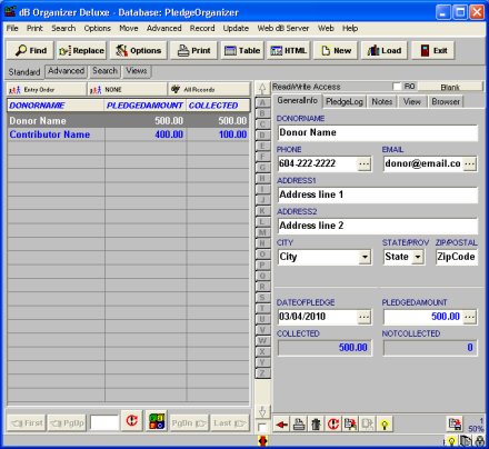 pledge manager, database template