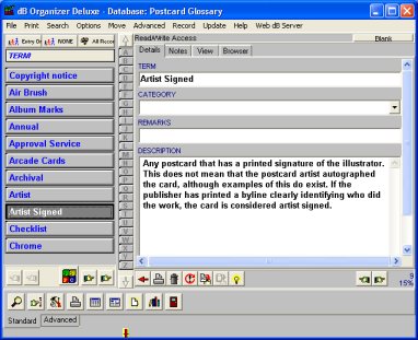 postcard software glossary database