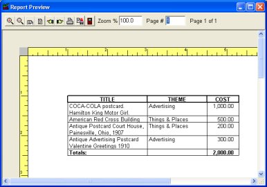 postcard software report preview table