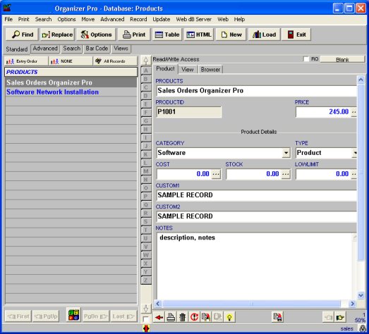 sales orders, products database