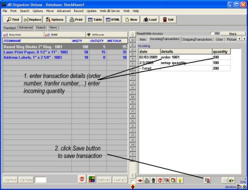 stockroom software, enter incoming transaction