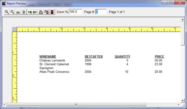Wine software report preview, data in columns