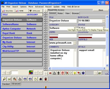 password organizer, login and password fields